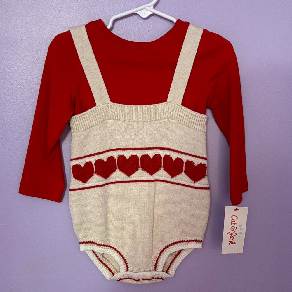 Cat & Jack Red and Cream Heart overall one piece with long sleeve size 18 months